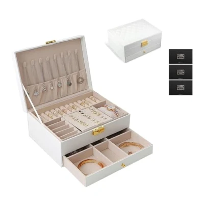 Imagen de TAVADA Joyeros Mujer Organizador,2 Niveles Caja Joyas Cuero PU, ,Almacenamiento para Pulseras, Pendientes,Anillos,Collares,Relojes,Blanco