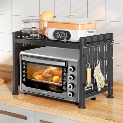 Imagen de UCAMP Soporte Extensible para Microondas,Soporte Microondas y Horno Cocina,Estante de Acero Al Carbono,Organizador Estanteria Mueble,Estante con 10 Ganchos