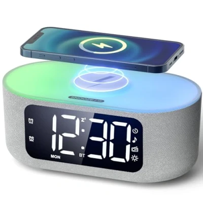 Imagen de LIORQUE Radio Despertador Digital con Carga Inalámbrica 15W Qi, Reloj Pantalla LED de Atenuación Automática, Luz Nocturna, Altavoz Bluetooth, Doble Alarma y Snooze, Modo Fin Semana