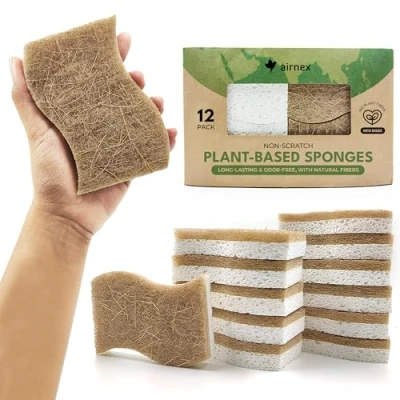 Imagen de AIRNEX Esponja de cocina natural biodegradable compostable celulosa y fibra coco, paquete 12 esponjas respetuosas con el medio ambiente para vajilla