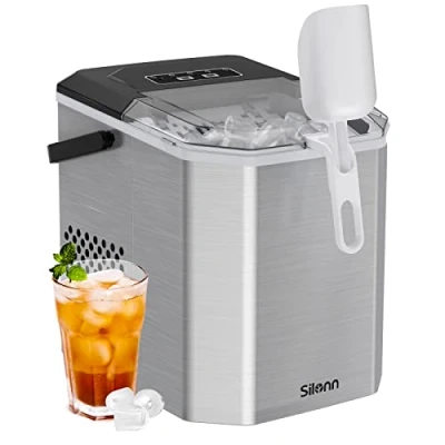 Imagen de Silonn Máquina de Hielo Pequeña con Asa Transporte, Hacer Autolimpiable Cesta y Pala, 9 Cubos en 6 Minutos, 12 kg por Día, Ideal para Casa, Cocina, Camping RV