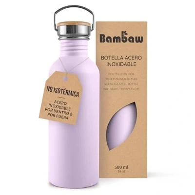 Imagen de Bambaw Botella agua acero inoxidable 500ml No Térmica, de violeta, niños, deportiva, reutilizable Lila lavanda