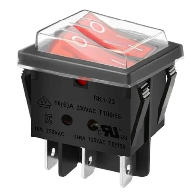 Imagen de Doble interruptor basculante Heschen SPST Encendido/Apagado, 6 terminales, luz roja 16 A 250 V CA. Con tapa impermeable.