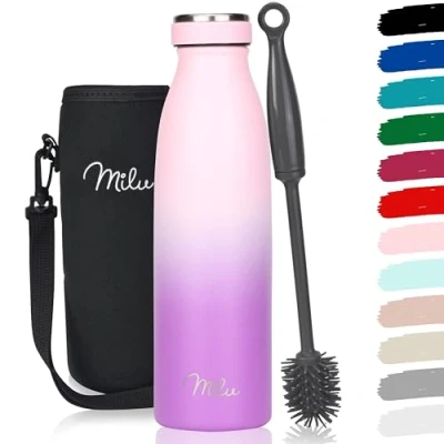 Imagen de Milu botella de acero inoxidable 350ml 500ml 750 ml 1 L 1,5 agua aislada, termo a prueba fugas, doble pared, apta para ácido carbónico + cepillo limpieza (Violeta Rosa, 500ml)