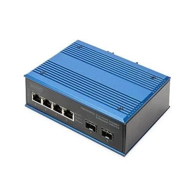 Imagen de DIGITUS Conmutador de Red Gigabit Ethernet 6 Puertos 4X RJ45 + 2X SFP IP40 10/100/1000 Mbit/s Montaje en Carril DIN Serie Industrial Negro/Azul