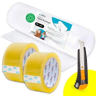 Imagen de Rollo Plástico de Burbujas, Burbujas Reciclado para Embalar, Mudanzas, Embalajes y Cajas, Embalaje · m office (50cmx10m, 2 cintas)