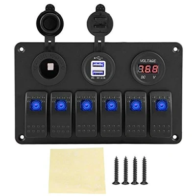 Imagen de KIMISS ABS 12V / 24V 6 Gang Panel de interruptor basculante LED para Coche barco marino, Dual USB voltímetro encendedor cigarrillos(azul)