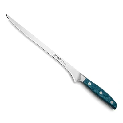 Imagen de Arcos Cuchillo Rebanar/Jamonero Forjado con Hoja Acero Inoxidable 250 mm. Mango Micarta y BorSeda Especial Plateada. Serie Brooklyn. Mayor Comodidad Resistencia. Color Azul.