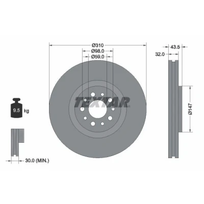 Imagen de TEXTAR 92118100 Disco de freno 310 32 05/10 98 ventilación interna sin perno sujeción rueda, buje rueda PEUGEOT: 807, CITROËN: C8