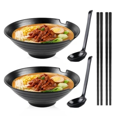 Imagen de juego de 2 cuencos ramen con cuchara y palillos, sopa antideslizantes premium, 1000 ml, cuenco grande para sopa, vajilla japonesa ramen, fideos,