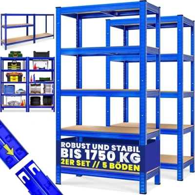 Imagen de Monzana® 2X Estanterías Metálicas Azules 1750Kg 180x90x40cm Cargas Pesadas Taller 10 Estantes MDF Almacenamiento