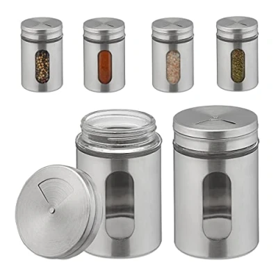 Imagen de Relaxdays Gewürzstreuer 6er Botes Especias, Set de 6, Dosificador 3 Tamaños, Condimentos y Hierbas, XL, 290 ml, Cristal Acero, Plateados, Inoxidable