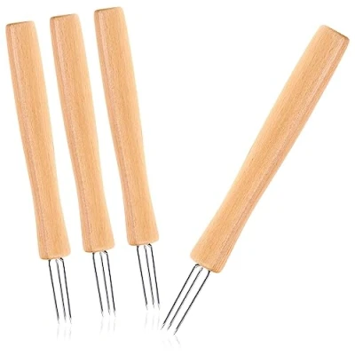 Imagen de COM FOUR® 4x Tenedor para papas asadas con 3 puntas, hecho de acero inoxidable 430 y madera haya, reutilizable, extra grande, brochetas maíz ergonómicas (04 piezas larga)