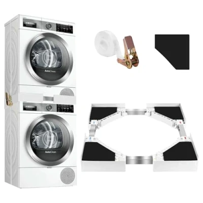 Imagen de Zikenis Kit de Apilamiento Universal para Lavadora y Secadora, Soporte Conexión Lavadoras con Correa Trinquete, Ajustable 50 70cm Marco Intermedio Secadora