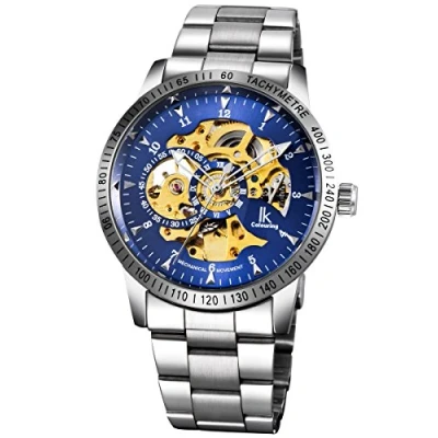 Imagen de Alienwork IK Reloj Automático Hombre Mujer Plateado Pulsera de Metal Acero Azul Esqueleto