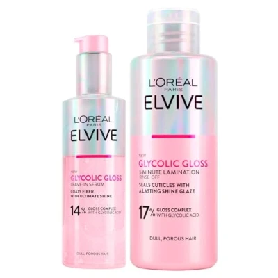 Imagen de L&#039;Oréal Paris Elvive Glycolic Gloss Serum Pelo sin Enjuague para Cabello Poroso y Opaco Brillo Intenso Duradero 150 ml + Tratamiento de Laminación 5 Minutos con Acido Glicólico 200 2 Botellas