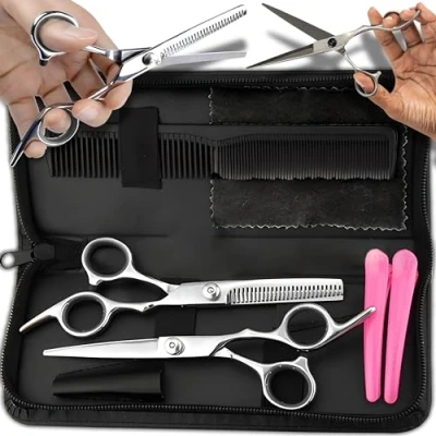 Imagen de Retoo Tijeras Peluqueria Profesional para Cortar el Cabello Kit Entresacar Acero cromado 6 Pulgadas Peluquero y Salón de Corte Peine estuche cuero clips barbero