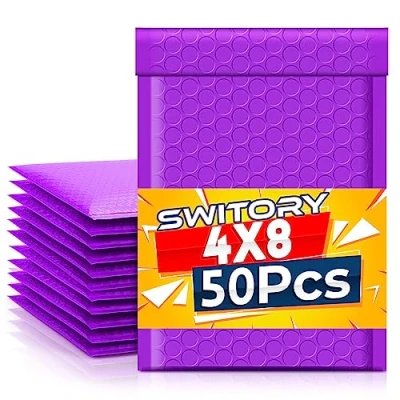 Imagen de Switory 50 sobres acolchados de 10,2 x 17,7 cm, burbujas polietileno #000, con forro burbujas, autoadhesivo, color morado