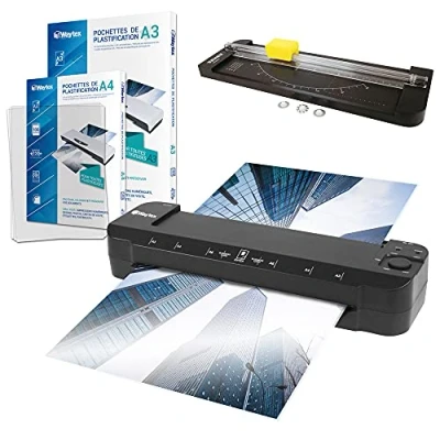 Imagen de Plastificadora A3 A4 A5 A6 A7 Pro Ultra rápida en caliente y fría hasta 2 x 150 micras Temperatura ajustable para uso profesional intensivo Pack con 100 fundas + 1 recortadora