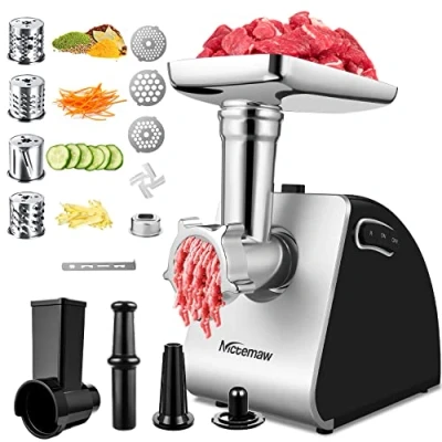 Imagen de Nictemaw Picadora de carne Eléctrica 2000W, Máquina para hacer Salchichas y Procesador Alimentos en uno, con 3 Discos Perforados, 4 Cuchillas Cónicas un Rellenador