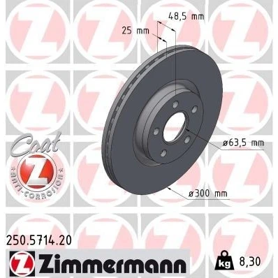 Imagen de ZIMMERMANN 250.5714.20 Disco de freno 300 25 5/5 5 108 ventilación interna revestido FORD: Tourneo Connect / Grand V408 Familiar