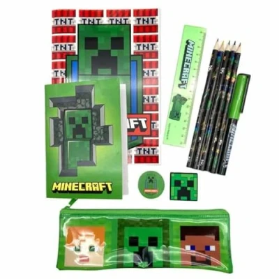 Imagen de Set de Papelería Minecraft con Estuche Material Escolar Completo 2 Libretas, Lápices Colores, Borradores, Sacapuntas y Regla Diseño Personajes Creeper