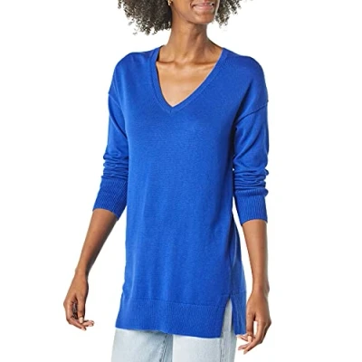 Imagen de Amazon Essentials Jersey Tipo Túnica Ligero de Manga Larga y Cuello en Pico (Disponible Tallas Grandes) Mujer, Azul Brillante, XS