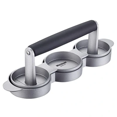 Imagen de Westmark Mini hamburguesa 62232260 con forma de 3 minipatties (diámetro 6,5 cm aprox.) al mismo tiempo, aluminio/plástico, trío, plata/negro
