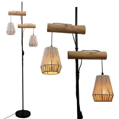 Imagen de Lámpara de pie Boho, in rattan a 2 luci con ripiano,Lámpara industriale interruttore pedale, vintage per soggiorno, camera da letto, ufficio