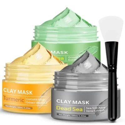 Imagen de 3 Piezas Mascarilla Arcilla Té Verde, Mascarillas Faciales de Cúrcuma, barro del Mar Muerto para Reducir Manchas, Hidratante, Exfoliante, Eliminar Puntos Negros, 300g