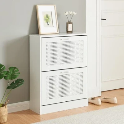 Imagen de [en.casa] Zapatero Vesilahti Mueble Recibidor con 2 Puertas Abatibles Detalle Ratán y Compartimentos para 8 Pares de Calzado 80 x 60 24 cm Blanco