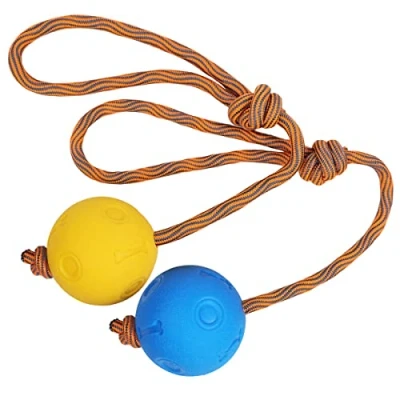 Imagen de 2 Piezas Pelota para Perro con Cuerda, Bola en una Cuerda de Juguete Perro, Goma Sólida Elástica Duradera Buscar, Atrapar, Lanzar y Tirar la Guerra (5 cm, Azul + Amarillo)