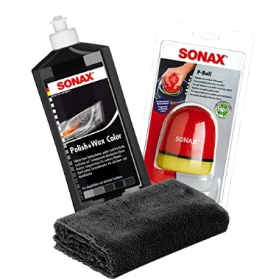 Imagen de detailmate Sonax Juego de pulidor manos + cera color negro, 500 ml Bola pulido ergonómico P pulidora microfibra sin puntas, 40 x cm, 550 g/m²