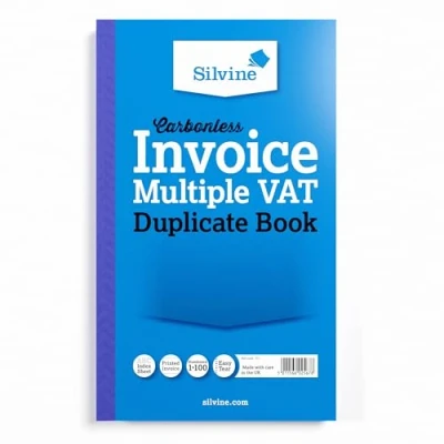 Imagen de Silvine Libro de facturas con IVA múltiple duplicado sin carbono, numerado del 1 al 100 hoja índice (210 x 127 mm)