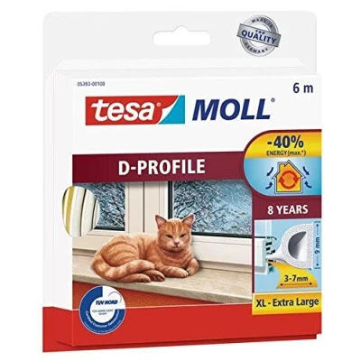 Imagen de tesamoll Perfil D, Burlete de Caucho Autoadhesivo para Aislar Ventanas y Puertas Sellar Huecos, Blanco, 6 m x 9 mm 3 7