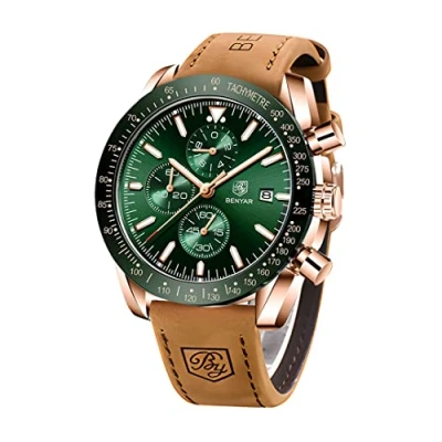 Imagen de BENYAR Reloj para Hombre, cronógrafo de Cuarzo Deportivo, Marca Lujo Negocios Moda, Hombre con Fecha analógica Resistente al Agua（Marrón Dorado Verde）