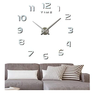 Imagen de FAS1 Moderno DIY Reloj De Pared Grande Big Adhesivo 3D Pegatinas Decorativas Efecto Espejo Acrílico Home Office Decoración Extraíble (Batería No Incluida) Plateado