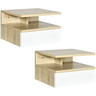 Imagen de HOMCOM Set de 2 Mesitas Noche Flotantes Mesillas Pared con 1 Cajón y Estante Abierto Diseño Moderno para Dormitorio 35x32x22,5 cm Roble Blanco