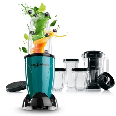 Imagen de GOURMETmaxx Mr. Magic Mixer Smoothie Maker Con pack de accesorios XXL Batidora pie 18 piezas tapas herméticas a prueba fugas Procesador alimentos para batidos, smoothies, etc.