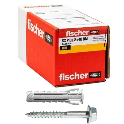 Imagen de Fischer 100 tacos SX Plus BM con tornillo de cabeza hexagonal 8 x 40 mm para pared completa, ladrillo perforado, mampostería, hormigón, la fijación lámparas, muebles, armarios, estantes,