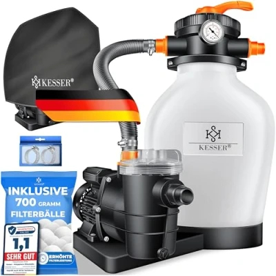 Imagen de KESSER® Filtro de Arena + Bolas 700 g para reemplazar 25 kg 7 vías, válvula con indicador presión, Piscina 10 m/h, Sistema