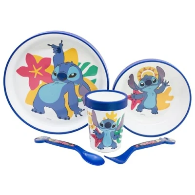 Imagen de Vajilla infantil reutilizable antideslizante con base de silicona bicolor compuesto plato, cuenco, vaso y cubiertos en caja Stitch