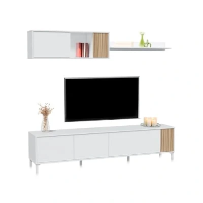 Imagen de duehome Conjunto de Salon, Mueble TV, Modulos Comedor, Modelo Nitza, Acabado en Blanco Artik y Natur, Medidas: 200 cm (Largo) x 40 (Fondo) 47 (Alto)