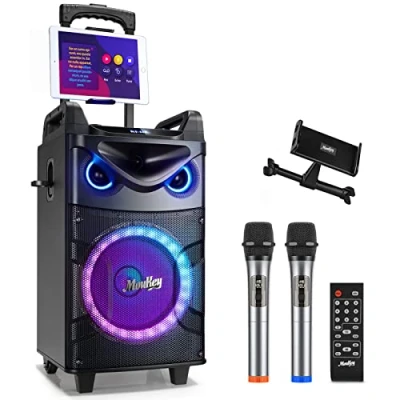 Imagen de Moukey Altavoz Karaoke con 2 UHF Micrófonos Inalámbricos, Máquina de Profesional Completo Ajuste Agudos/Graves, Bluetooth Portátil Soporte TWS/REC/AUX/MP3/USB/TF/FM