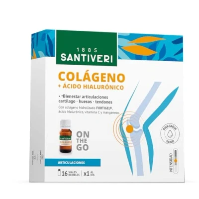 Imagen de SANTIVERI Colágeno Líquido, Complemento Alimenticio con Hidrolizado, Ácido Hialurónico, Vitamina C y Manganeso, Contribuye al Bienestar en Articulaciones Cartílagos 16 Viales