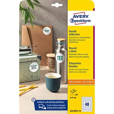 Imagen de AVERY Zweckform 6223REV 10 etiquetas redondas (480 puntos adhesivos, diámetro de 30 mm en A4, pegatinas para imprimir, despegables/despegables, autoadhesivas mermelada),