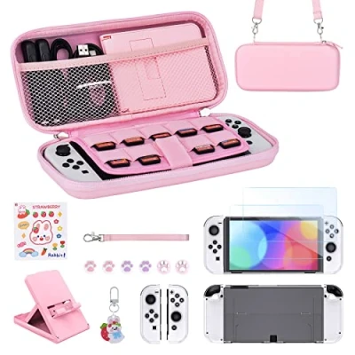 Imagen de Younik Paquete de Accesorios para Switch OLED, 17 en 1 Kit Color Rosa Incluye Funda Transporte Soporte Ajustable, Protectora la y J con