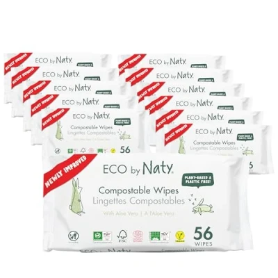 Imagen de Eco by Naty Toallitas para bebés Aloe Vera húmedas 100% compostables y de origen vegetal, buenas recién nacidos piel sensible (672 unidades 12 paquetes 56)