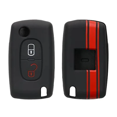 Imagen de kwmobile Carcasa Compatible con Llavero de Peugeot Citroen Llave Coche Plegable 2 Botones Funda para Mando Silicona Rojo/Negro