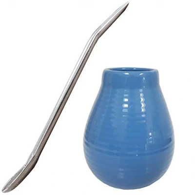 Imagen de Gaucho Bruno Kit Yerba Mate de Cerámica y Bombilla, Pajita Acero Inoxidable Conjunto Reutilizable para Argentino Antideslizante Fácil Limpiar 325ml Celeste